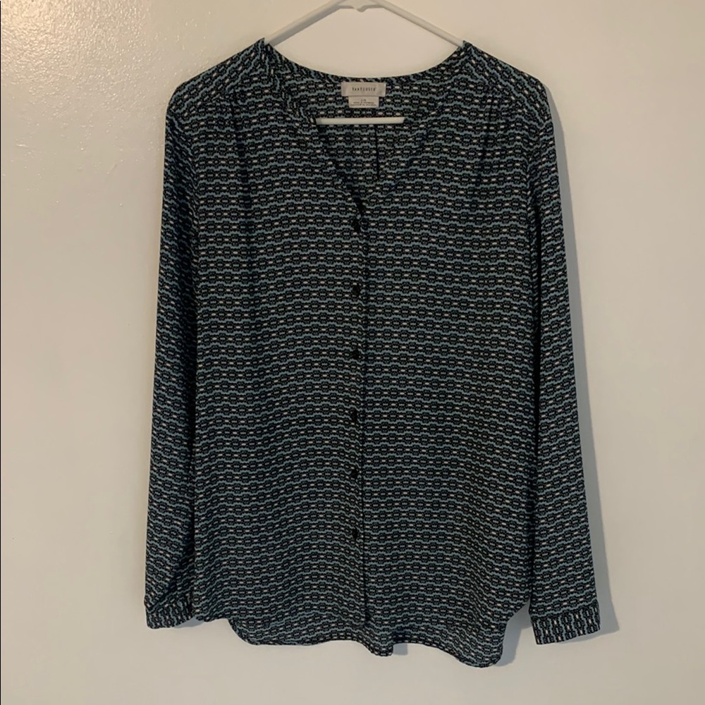 Patterned Black, Turquoise, and White Blouse